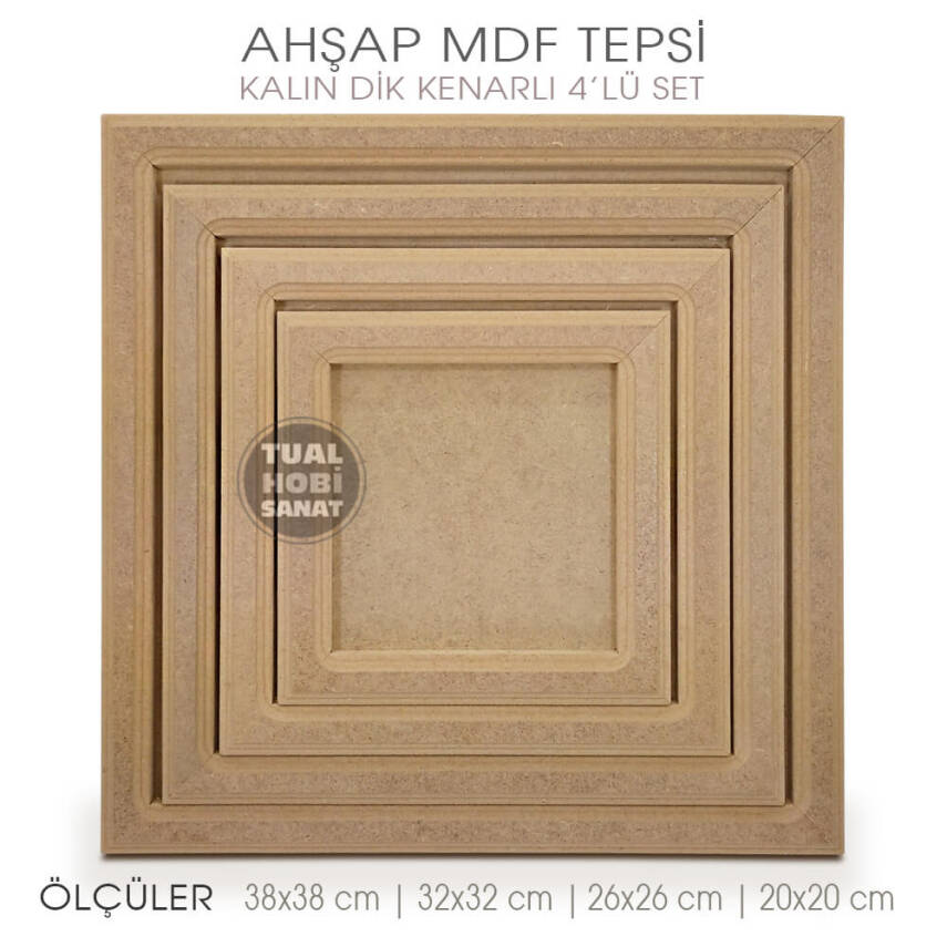 Ahşap Kalın Dik Kenarlı Tepsi Seti (4 Parça) Ham - 2