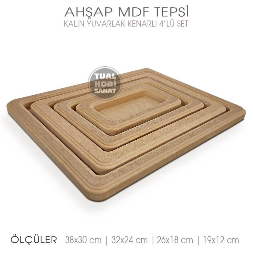 Ahşap Kalın Yuvarlak Kenarlı Tepsi Seti (4 Parça) Ham - 1