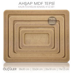 Ahşap Kalın Yuvarlak Kenarlı Tepsi Seti (4 Parça) Ham - Tual Hobi Sanat (1)