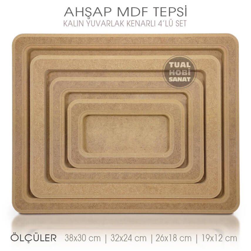 Ahşap Kalın Yuvarlak Kenarlı Tepsi Seti (4 Parça) Ham - 2