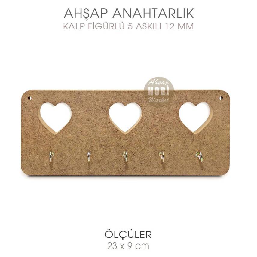 Ahşap Kalp Figürlü 5 Askılı Anahtarlık (23x9 cm) - 1