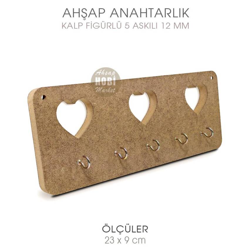 Ahşap Kalp Figürlü 5 Askılı Anahtarlık (23x9 cm) - 2