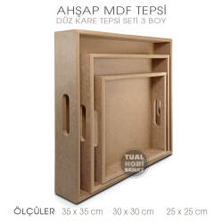 Ahşap Kare Tepsi Seti (3 Parça) Ham - Tual Hobi Sanat (1)