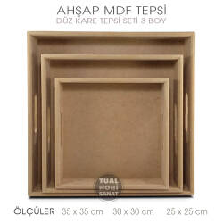 Ahşap Kare Tepsi Seti (3 Parça) Ham - 3