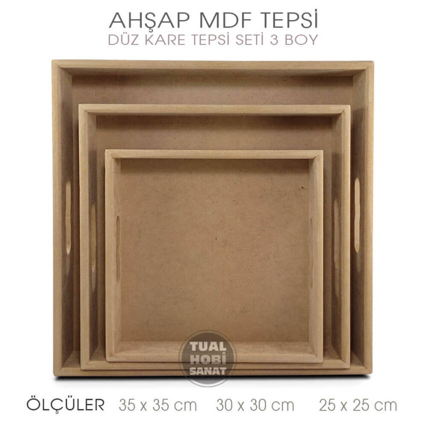 Ahşap Kare Tepsi Seti (3 Parça) Ham - 3