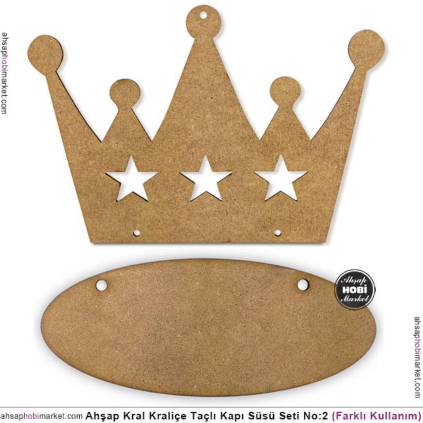 Ahşap Kral Kraliçe Tacı Duvar Kapı Süsü Pano (25x17cm) Model 2 - 1