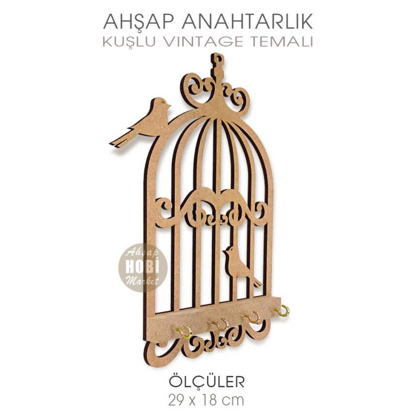 Ahşap Kuşlu Vintage Anahtarlık Kapı Süsü (29x18 cm) - 2