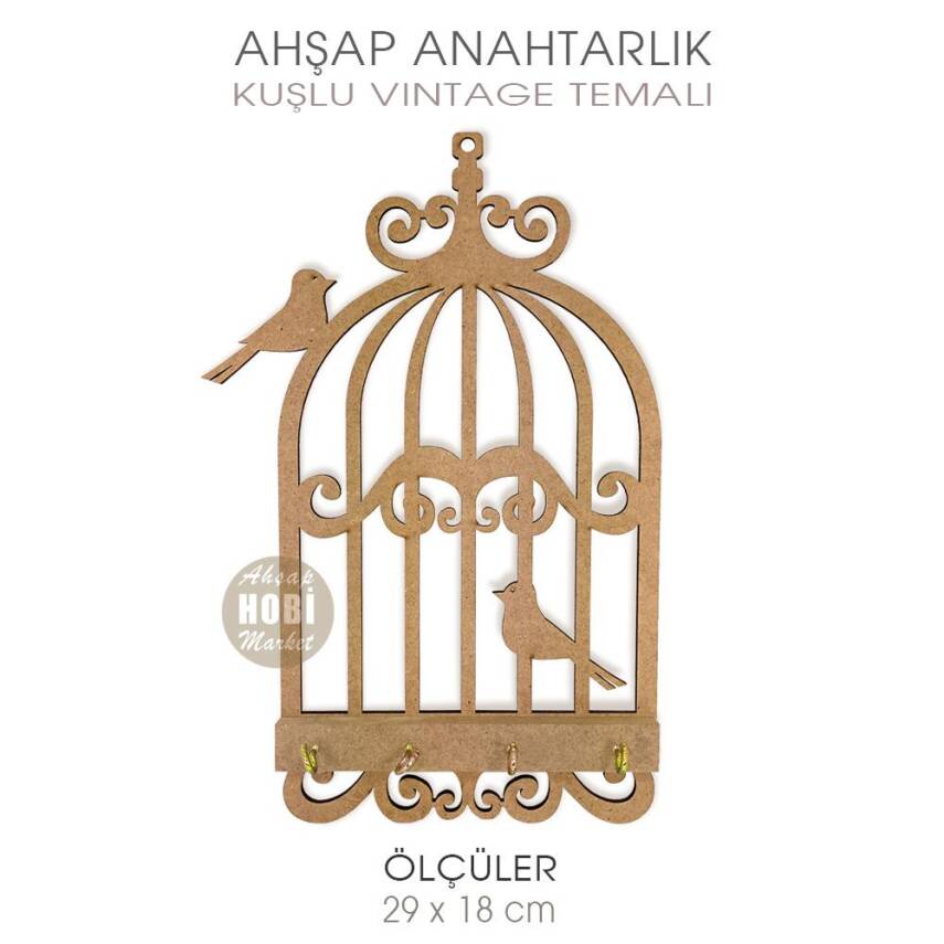 Ahşap Kuşlu Vintage Anahtarlık Kapı Süsü (29x18 cm) - 1