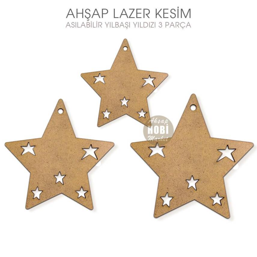 Ahşap Lazer Asılabilir Yılbaşı Yıldızları Seti (3 Parça) - 2