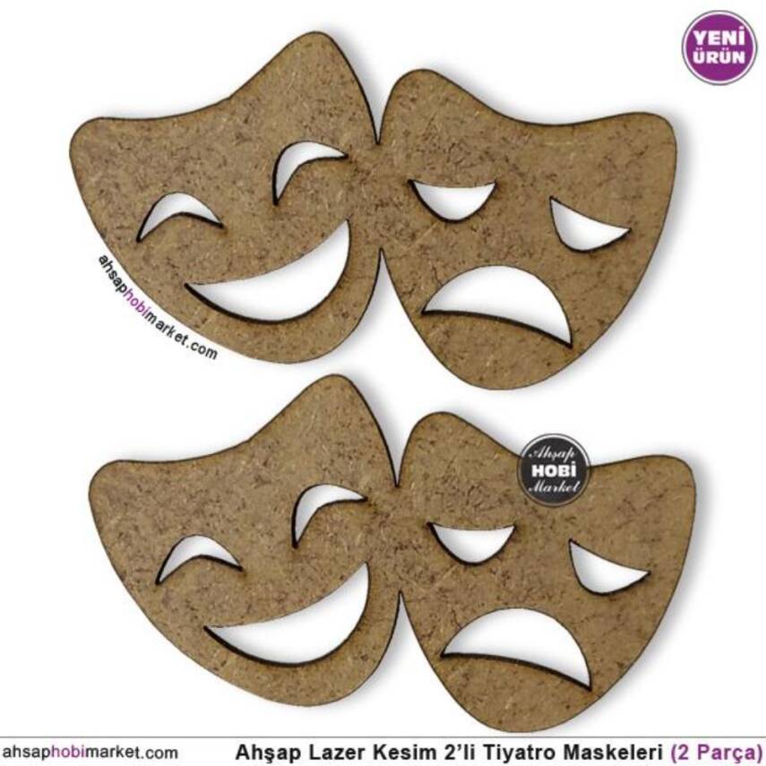Ahşap Lazer Kesim 2'lİ Tiyatro Maskeleri - 1