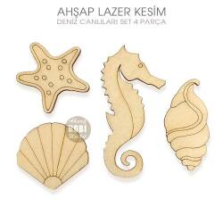 Ahşap Lazer Kesim Deniz Canlıları Süs Seti (4 Parça) - Tual Hobi Sanat