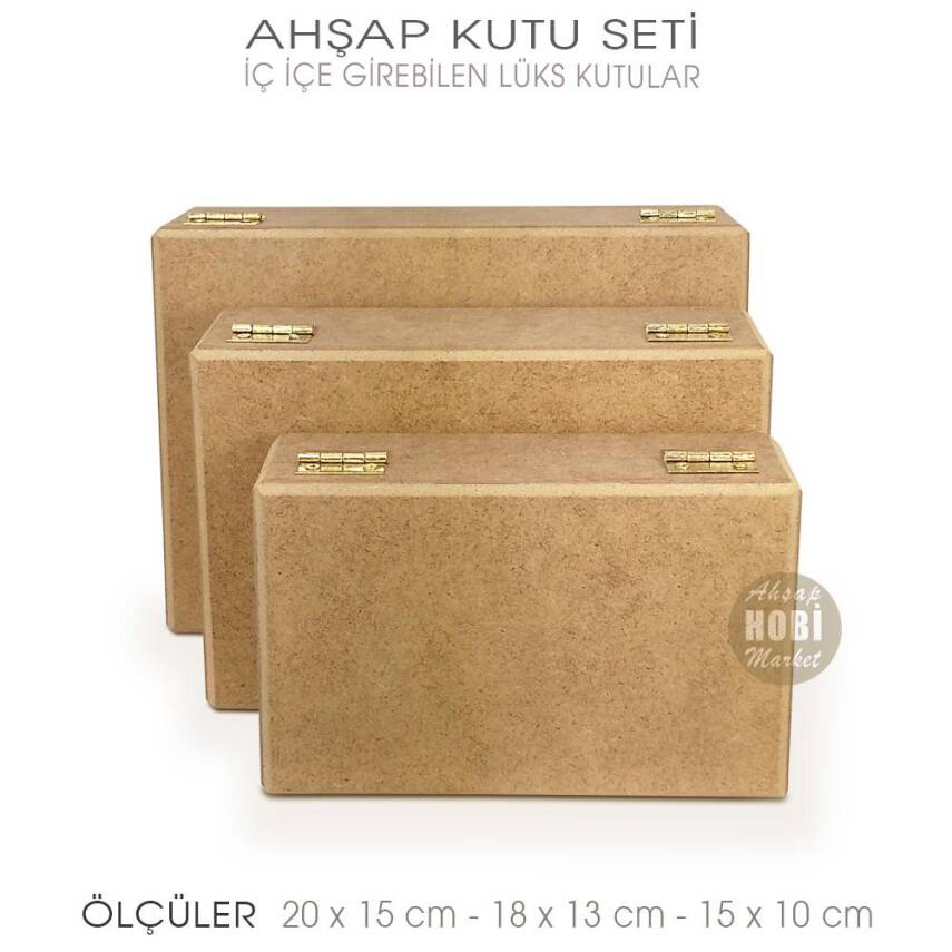 Ahşap Lüks Dikdörtgen Kutu Seti (3 Parça) İç İçe Geçebilir - 2