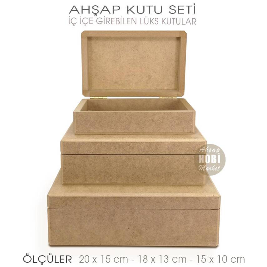 Ahşap Lüks Dikdörtgen Kutu Seti (3 Parça) İç İçe Geçebilir - 1