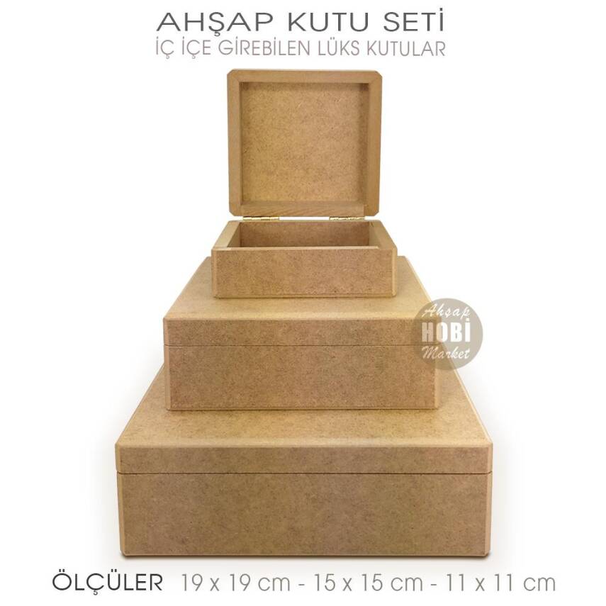 Ahşap Lüks Kare Kutular Seti (3 Parça) İç İçe Geçebilir - 1