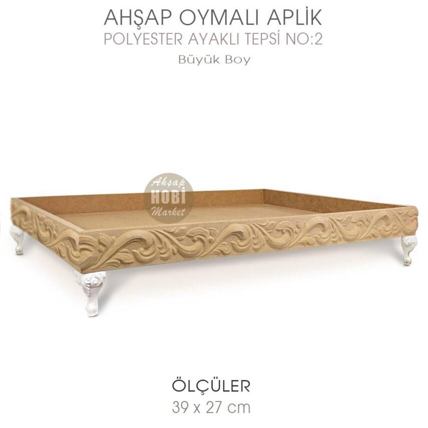 Ahşap Oymalı Aplik Tepsi Büyük Model 2 (39x27cm) Polyester Ayaklı - 3