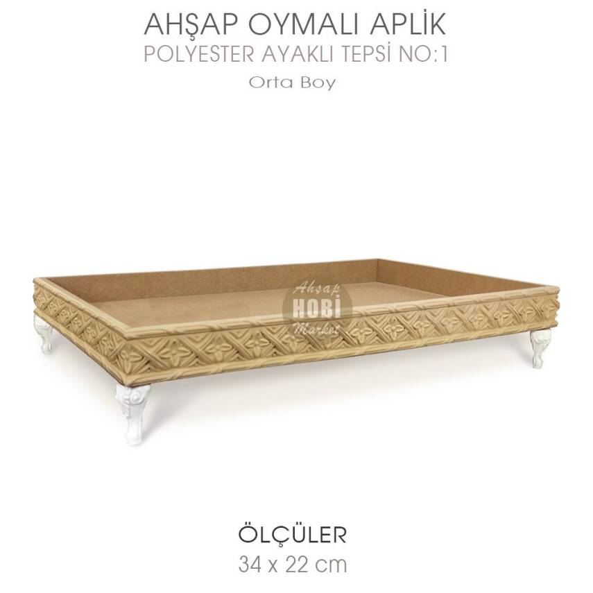 Ahşap Oymalı Aplik Tepsi Orta Model 1 (34x22cm) Polyester Ayaklı - 2