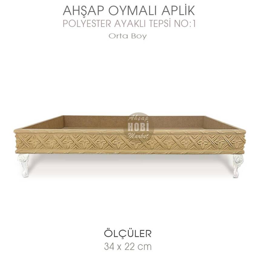 Ahşap Oymalı Aplik Tepsi Orta Model 1 (34x22cm) Polyester Ayaklı - 1