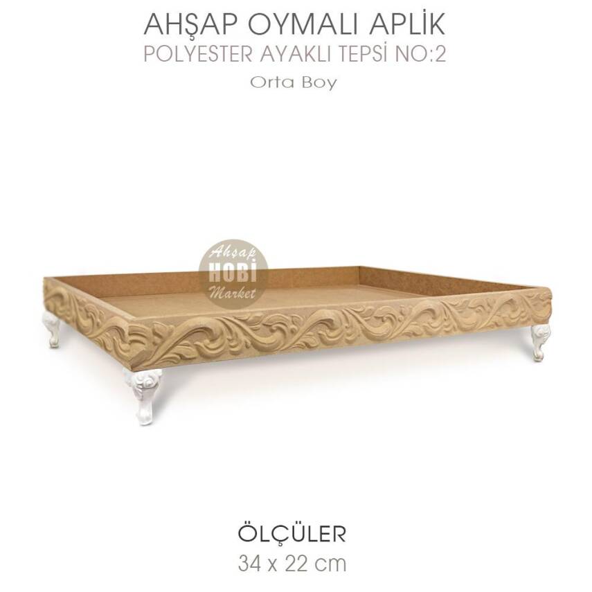 Ahşap Oymalı Aplik Tepsi Orta Model 2 (34x22cm) Polyester Ayaklı - 2