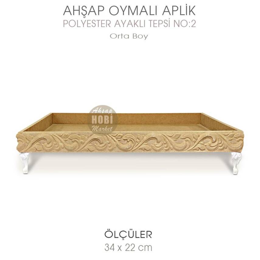 Ahşap Oymalı Aplik Tepsi Orta Model 2 (34x22cm) Polyester Ayaklı - 1