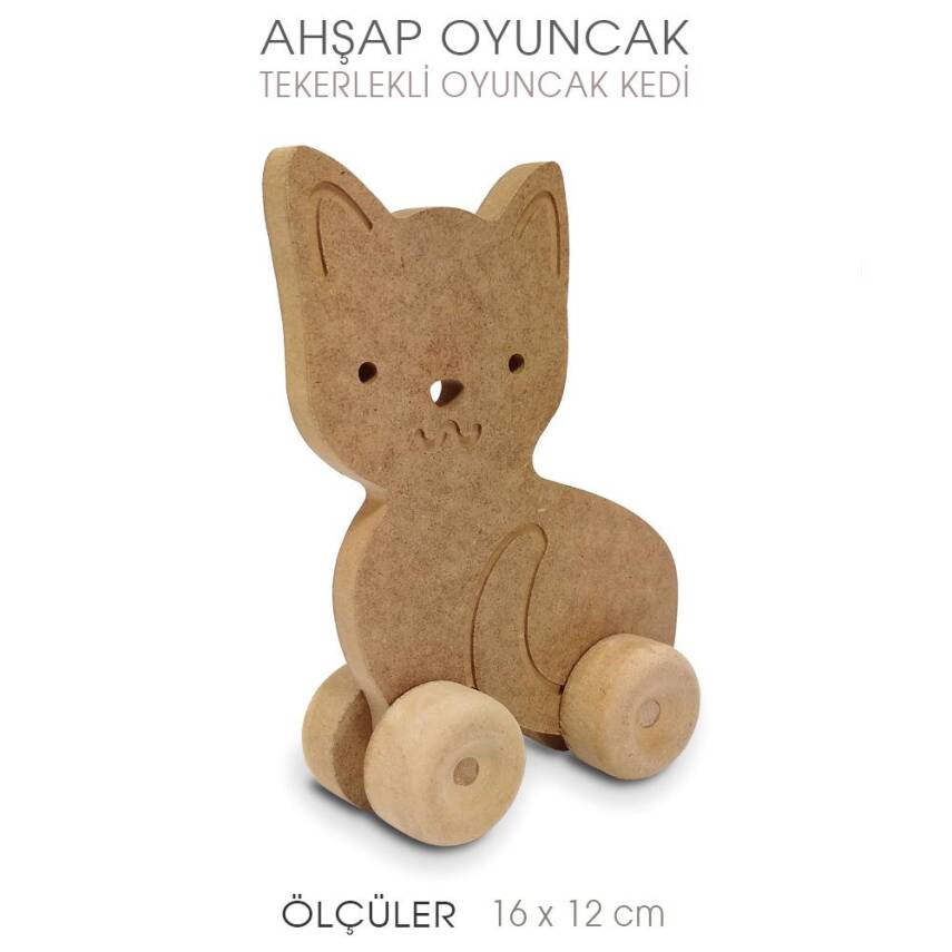Ahşap Oyuncak Tekerlekli Kedi (16x12 cm) - 2