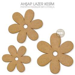 Ahşap Papatya Figürleri Seti (3 Parça) Lazer Kesim - Tual Hobi Sanat