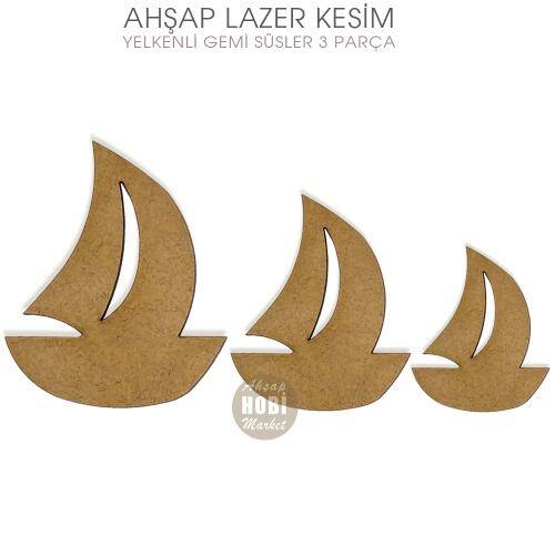Ahşap Süsler 3'lü Yelkenli Gemi Obje - 1