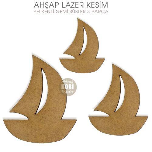Ahşap Süsler 3'lü Yelkenli Gemi Obje - 2
