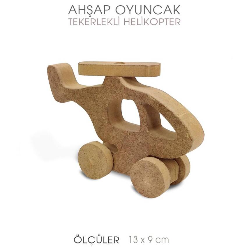 Ahşap Tekerlekli Oyuncak Helikopter (13x9 cm) - 2