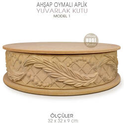 Ahşap Yuvarlak Oymalı Aplik Kutu (32x32x9 cm) Model 1 - Tual Hobi Sanat