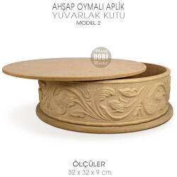 Ahşap Yuvarlak Oymalı Aplik Kutu (32x32X9,5 cm) Model 2 - Tual Hobi Sanat (1)