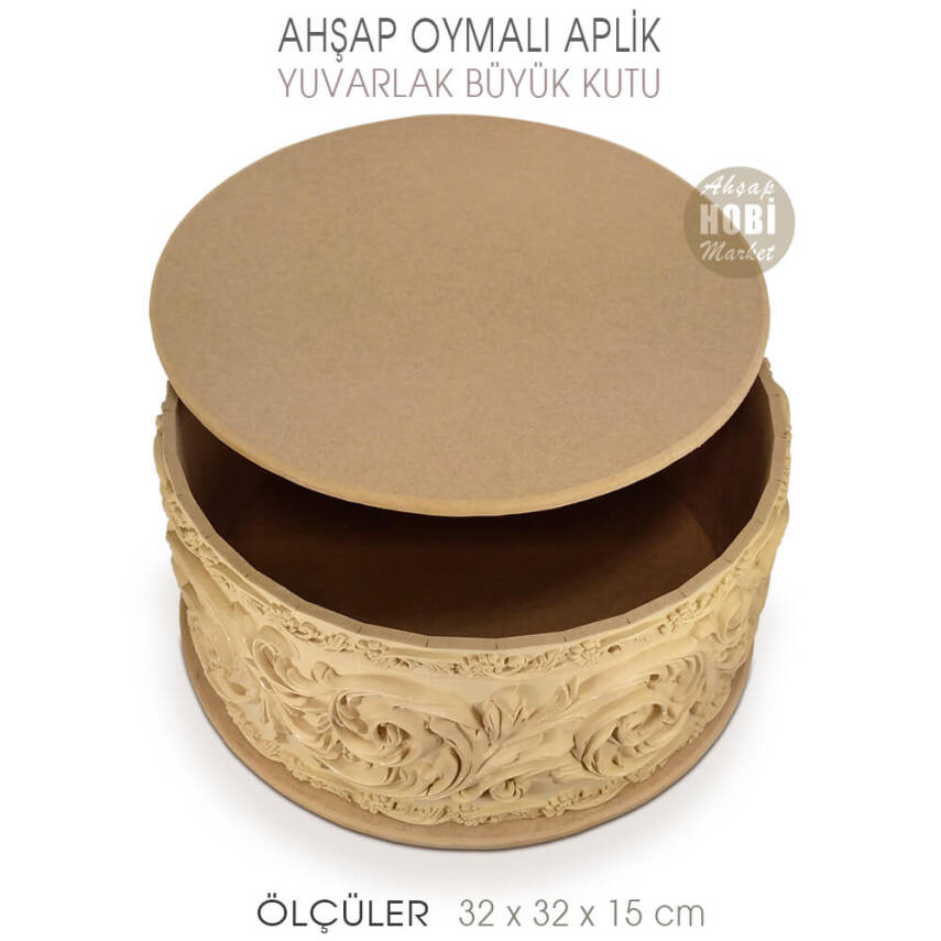 Ahşap Yuvarlak Oymalı Büyük Aplik Kutu (32x32x15 cm) - 2