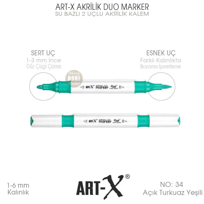 Art-X Akrilik Duo Marker 034 Açık Turkuaz Yeşili 2 Uçlu Akrilik Kalem - 1