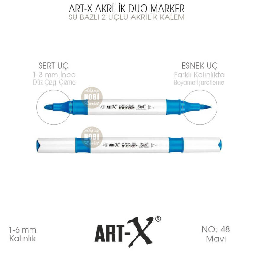 Art-X Akrilik Duo Marker 048 Mavi Renkli 2 Uçlu Akrilik Kalem - 1