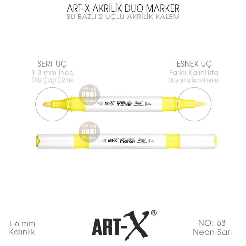 Art-X Akrilik Duo Marker 063 Neon Sarı 2 Uçlu Akrilik Kalem - 1