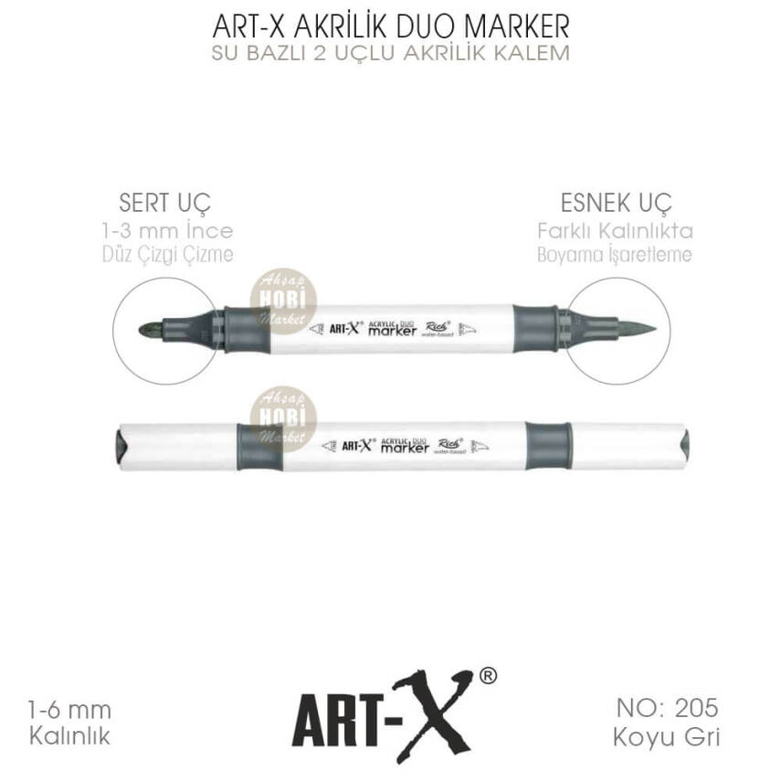 Art-X Akrilik Duo Marker 205 Koyu Gri 2 Uçlu Akrilik Kalem - 1