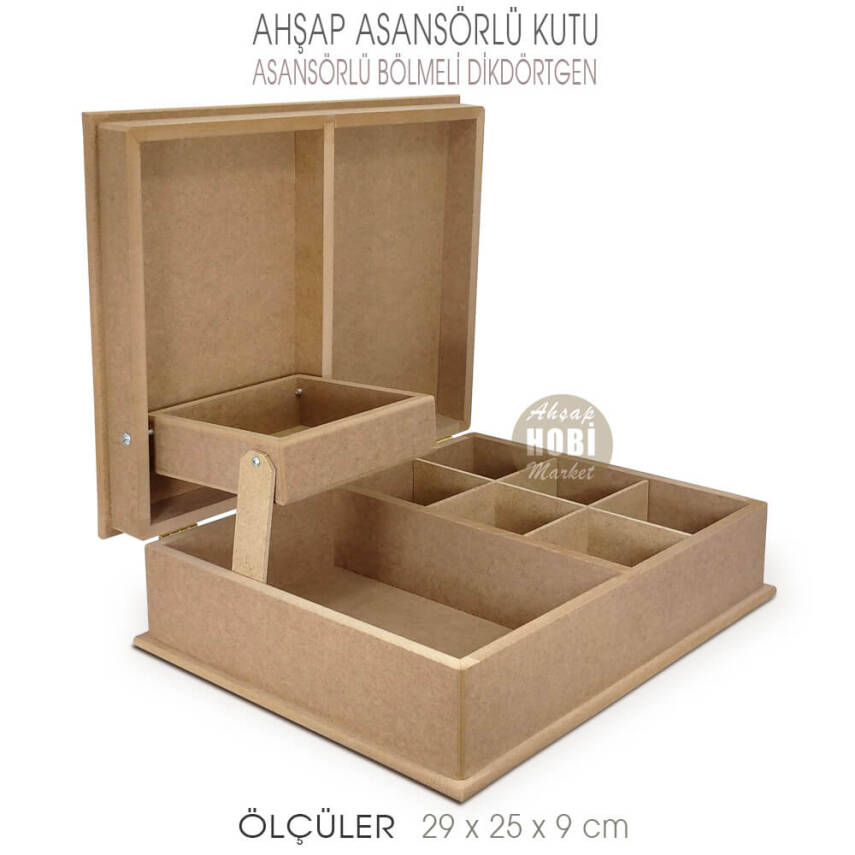 Asansörlü Bölmeli Çok Amaçlı Kutu (29x25 cm) Ham Ahşap Büyük - 1