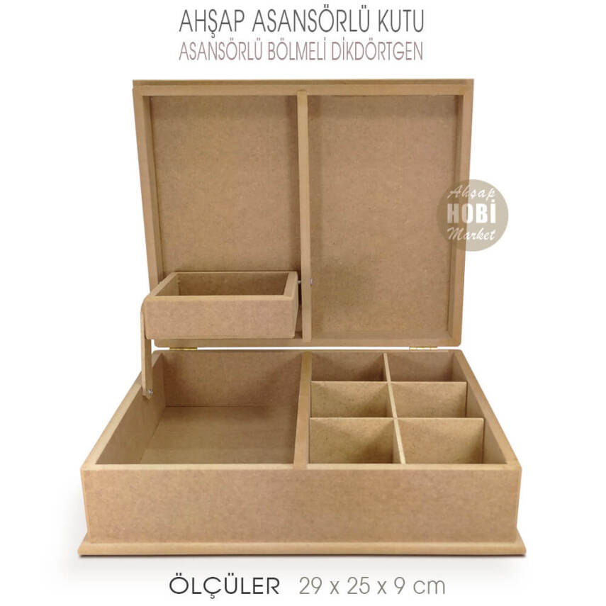 Asansörlü Bölmeli Çok Amaçlı Kutu (29x25 cm) Ham Ahşap Büyük - 2
