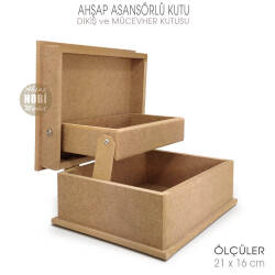 Asansörlü Dikiş ve Mücevher Kutusu (21x16 cm) Ham Ahşap Küçük - Tual Hobi Sanat