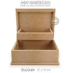 Asansörlü Dikiş ve Mücevher Kutusu (21x16 cm) Ham Ahşap Küçük - Tual Hobi Sanat (1)