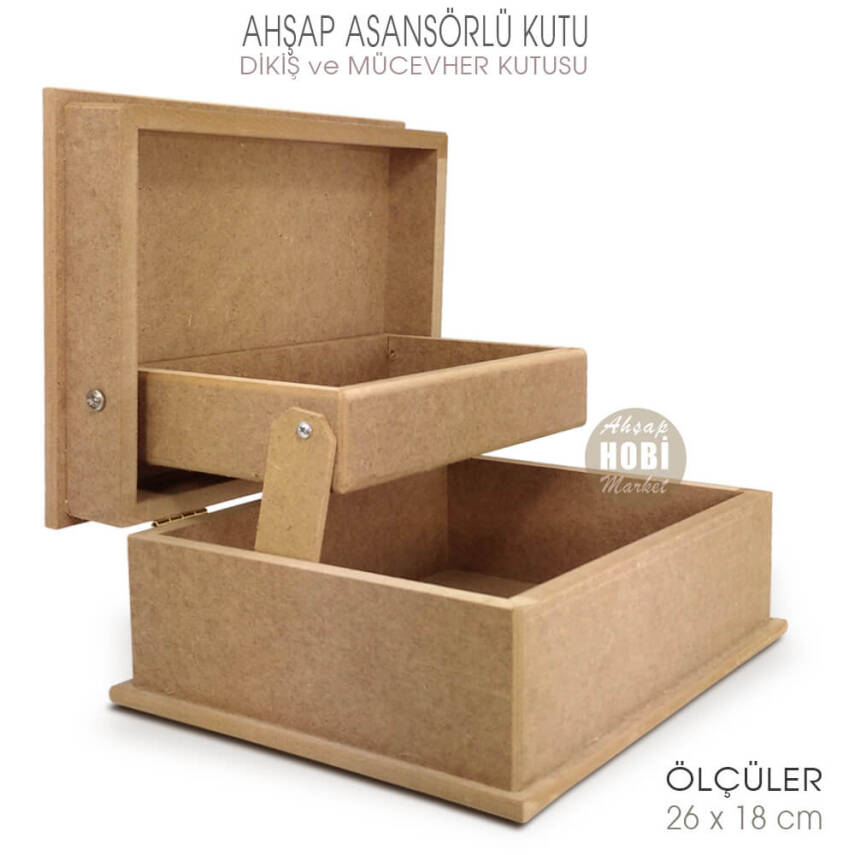 Asansörlü Dikiş ve Mücevher Kutusu (26x18 cm) Ham Ahşap Büyük - 1