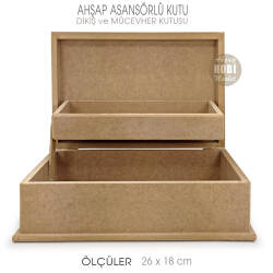 Asansörlü Dikiş ve Mücevher Kutusu (26x18 cm) Ham Ahşap Büyük - Tual Hobi Sanat (1)