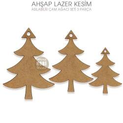 Asılabilir 3'lü Çam Ağacı Seti Lazer Kesim Ahşap - Tual Hobi Sanat