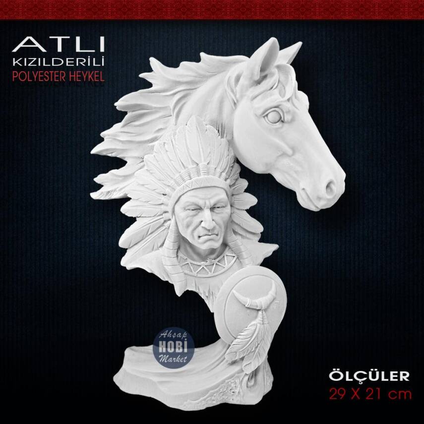 Atlı Kızılderili Biblo Heykeli (29x21 cm) Ham Polyester - 1