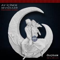 Ay İçerisinde Oturan Sevgililer Heykeli (32x28cm) Ham Polyester - Tual Hobi Sanat