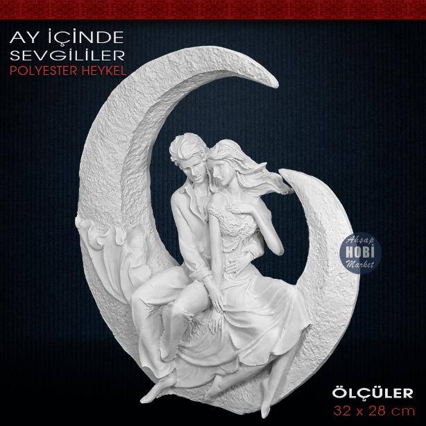 Ay İçerisinde Oturan Sevgililer Heykeli (32x28cm) Ham Polyester - 2