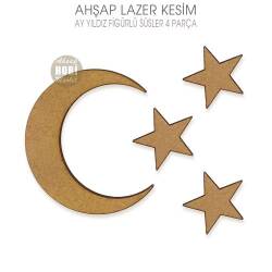 Ay Yıldız Süsler (4 Parça) Ahşap Lazer Kesim - Tual Hobi Craft İst