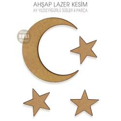 Ay Yıldız Süsler (4 Parça) Ahşap Lazer Kesim - Tual Hobi Craft İst (1)