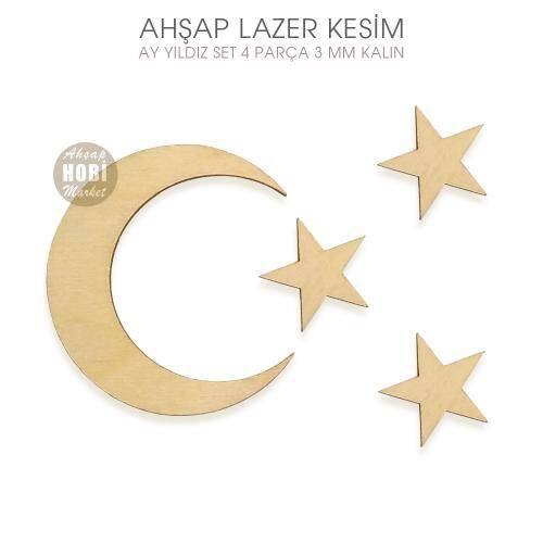 Ay Yıldız Süsler (4 Parça) Doğal Ahşap Lazer Kesim - 1