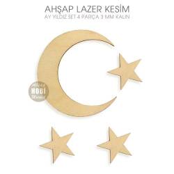 Ay Yıldız Süsler (4 Parça) Doğal Ahşap Lazer Kesim - Tual Hobi Craft İst (1)