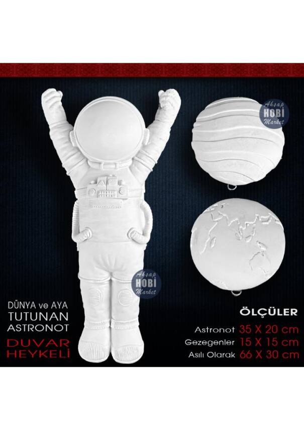 Aya ve Dünyaya Tutunan Astronot Duvar Heykeli (66x30 cm) Ham Polyester - 1